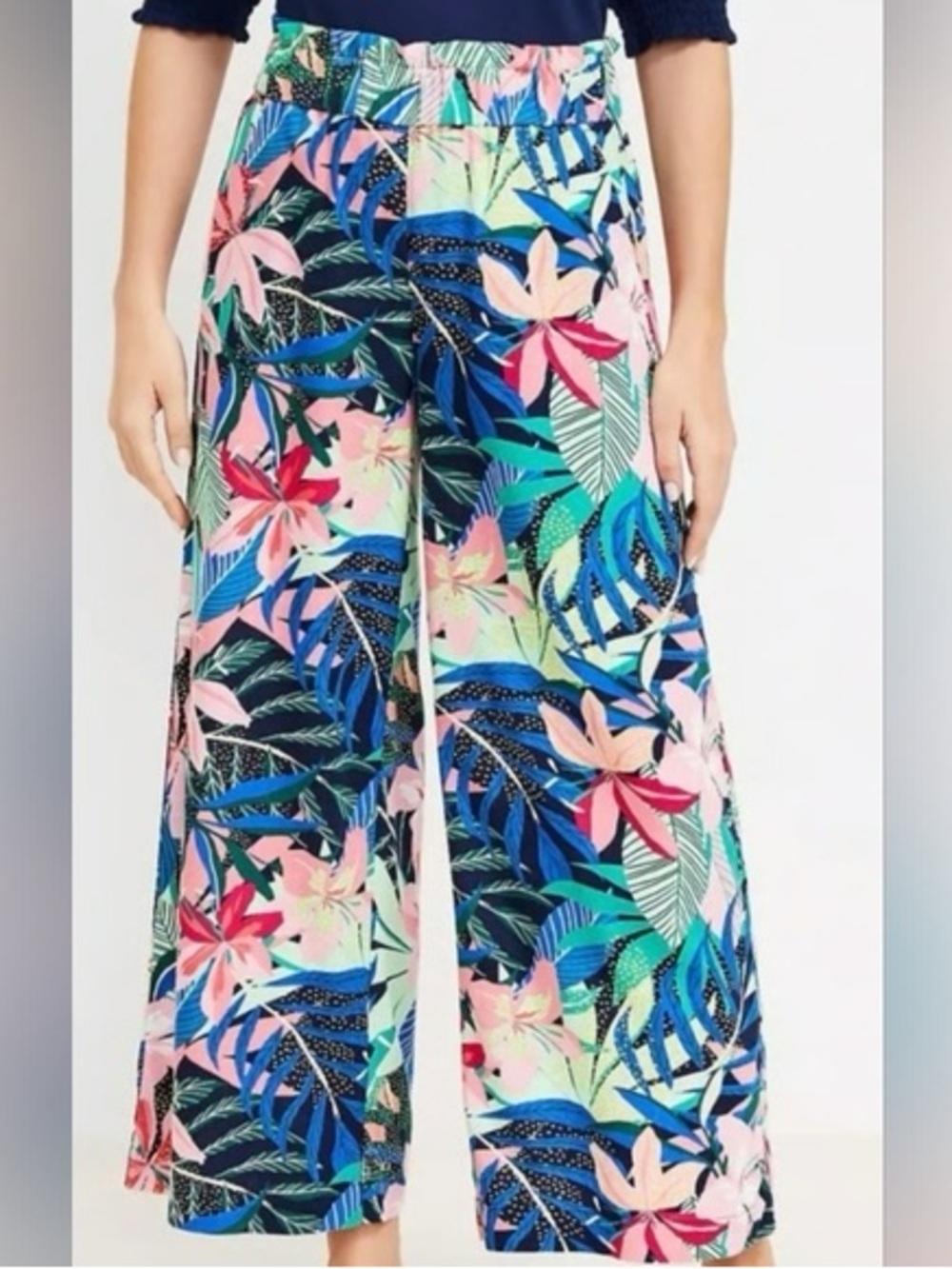 LOFT Linen Blend Tropical Floral Wide Leg Cropped High Rise Pink Green Pants XS